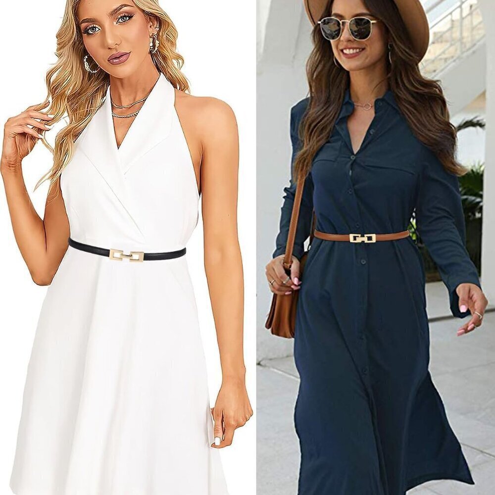2Pack Women's Leather Belts Thin Waist Dress Belt with Gold Buckle Adjustable - Picture 6 of 7